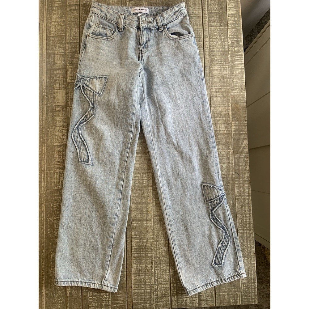 Ashley Mason Premium Wide Leg Baggy Mid Rise Size 0/24 Lightβ Blue Jeans